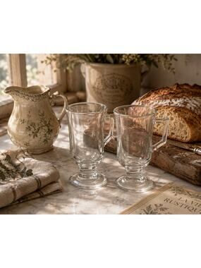 Vintage Clear Glass Irish Coffee Mugs Set of 2 Footed Glasses